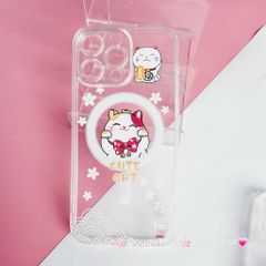 Case Ốp điện thoại iPhone Trong Magsafe Mèo may mắn Cute Cat kèm Popsocket iPhone 11/12/13/14/15/Pro/Plus/Promax - TẾT