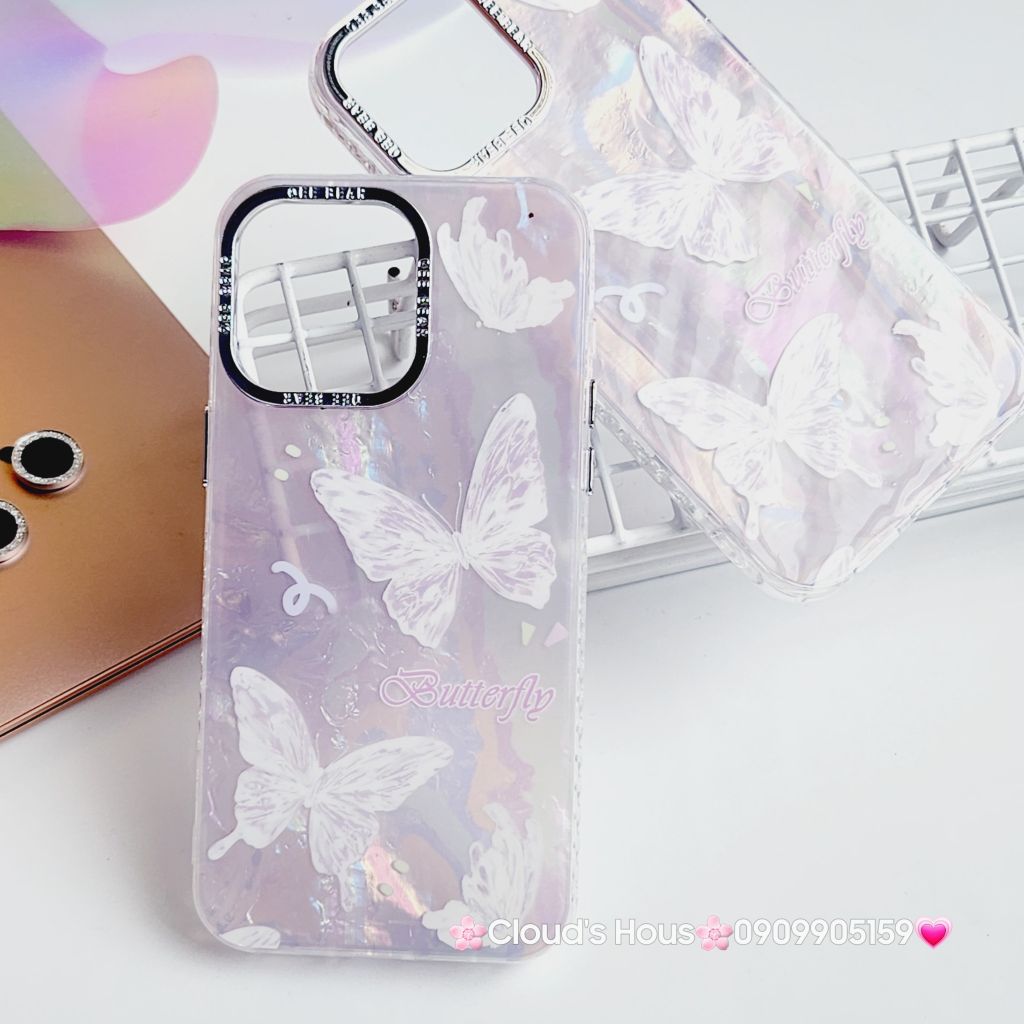 Case Ốp điện thoại iPhone Bướm Trắng Butterfly Ánh Xà Cừ Nền Hồng kèm bảo vệ camera đính đá iPhone 11/12/13/14/15/Pro/Promax