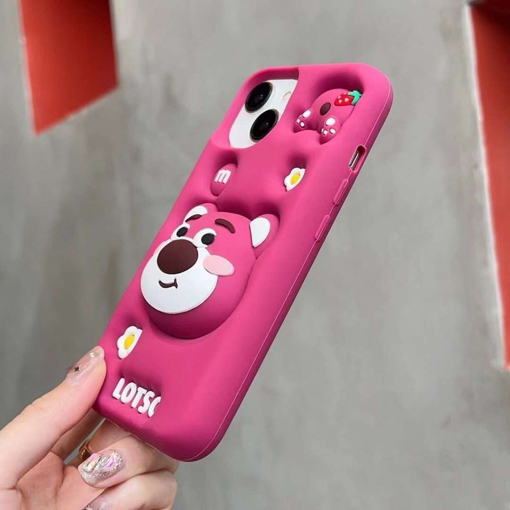 Case Ốp điện thoại iPhone Gấu Dâu Lotso Su dẻo 3D Nổi Popsocket iPhone 11/12/13/14/15/Plus/Pro/Promax