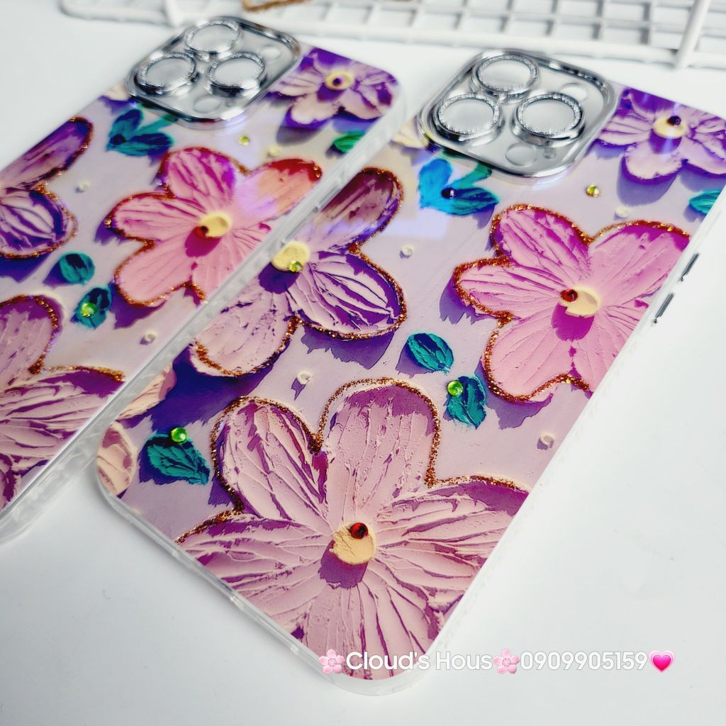 Case Ốp điện thoại iPhone Hoa To Hologram Nền Tím Đính đá Camera iPhone 11/12/13/14/15/Pro/Promax