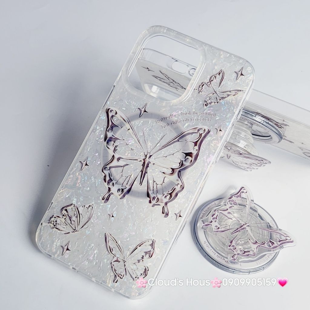 Case Ốp điện thoại iPhone Magsafe Bướm Đen Ánh Xà Cừ Trắng Kèm Popsocket Nam Châm iPhone 11/12/13/14/15/Pro/Promax