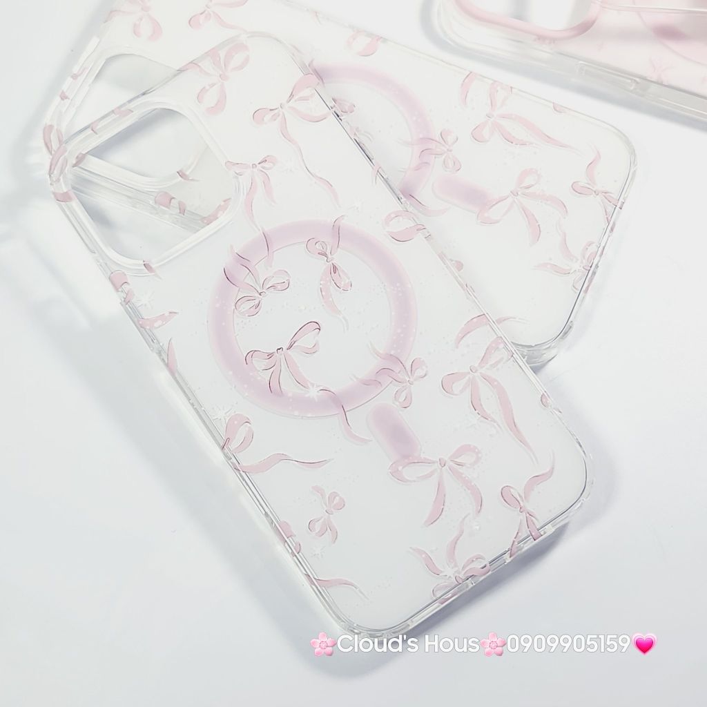 Case Ốp điện thoại iPhone Magsafe Nền Trắng Nơ Hồng PopSocket iPhone 12/13/14/15/16/Pro/Promax