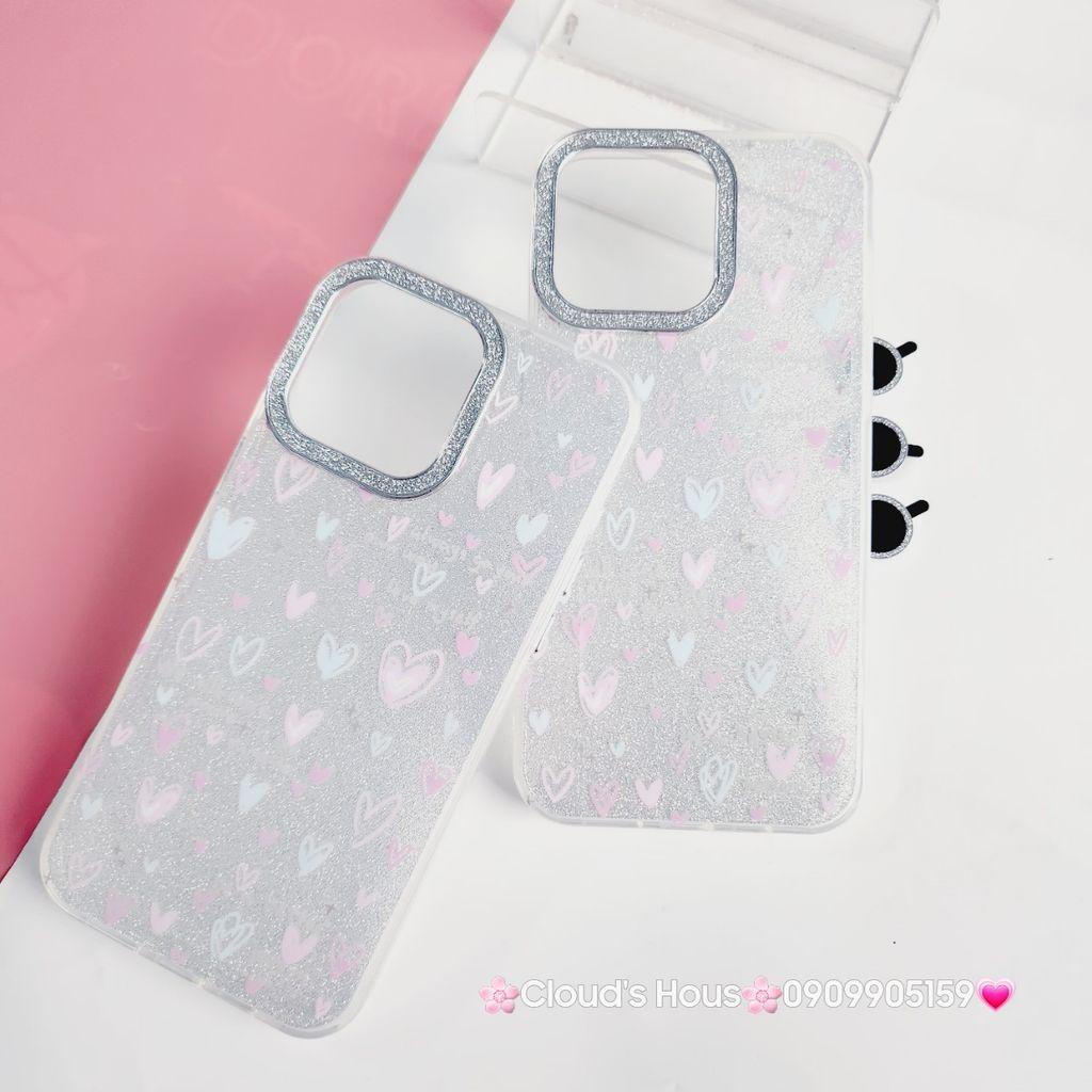Case Ốp điện thoại iPhone Trái Tim nền Trong Bling Bling kèm Cường lực Camera lấp lánh iPhone 11/12/13/14/15/Pro/Promax