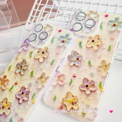 Case Ốp điện thoại iPhone Hoa Hologram nền vàng viền nhám bảo vệ cụm camera đính đá iPhone 11/12/13/14/15/Pro/Promax