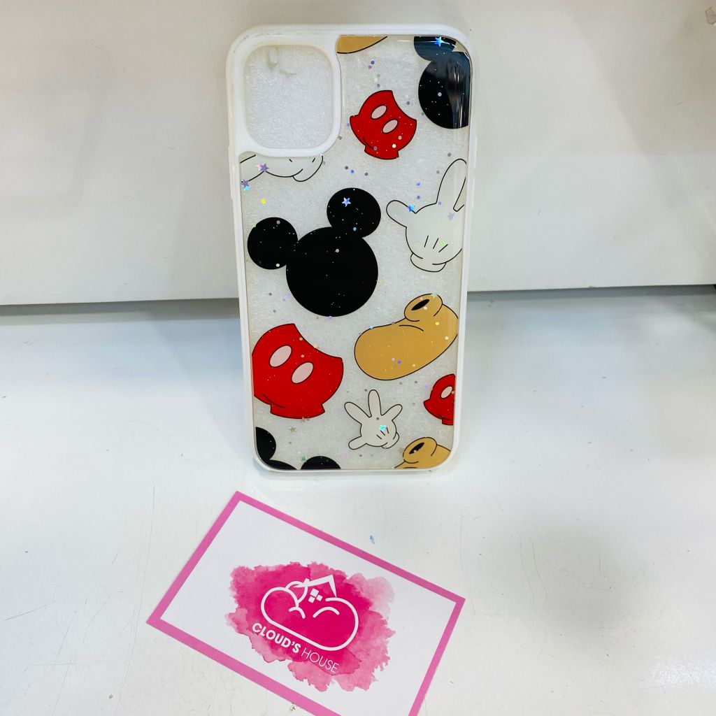 Case Ốp điện thoại iPhone Mickey bóng lưng kính viền màu (2 mẫu)