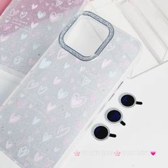 Case Ốp điện thoại iPhone Trái Tim nền Trong Bling Bling kèm Cường lực Camera lấp lánh iPhone 11/12/13/14/15/Pro/Promax
