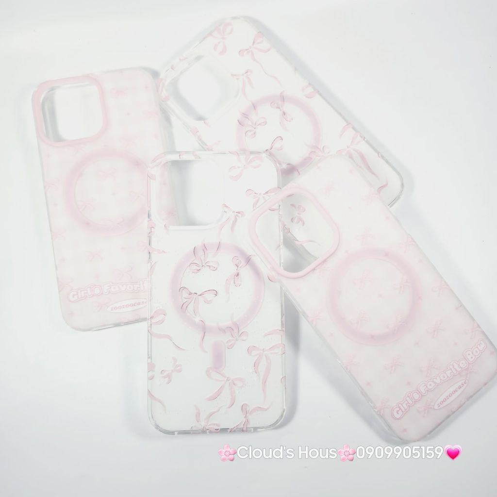 Case Ốp điện thoại iPhone Magsafe Nền Hồng Nơ Hồng Girl's Favorite Bow ZoozooCase iPhone 12/13/14/15/16/Pro/Promax