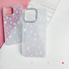 Case Ốp điện thoại iPhone Trái Tim nền Trong Bling Bling kèm Cường lực Camera lấp lánh iPhone 11/12/13/14/15/Pro/Promax