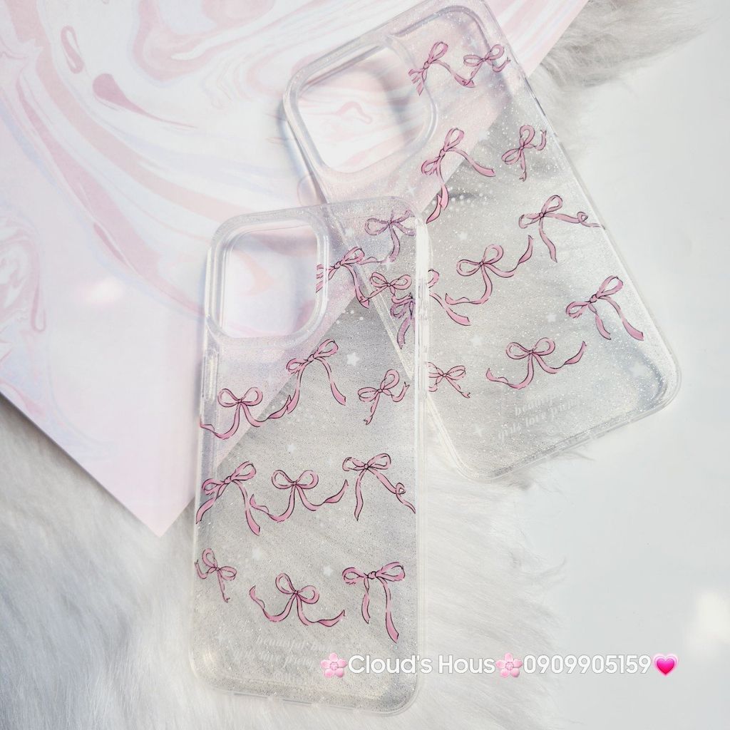 Case Ốp điện thoại iPhone Nơ Hồng Trong Kim Tuyến Bling bling iPhone 11/12/13/14/15/Pro/Promax