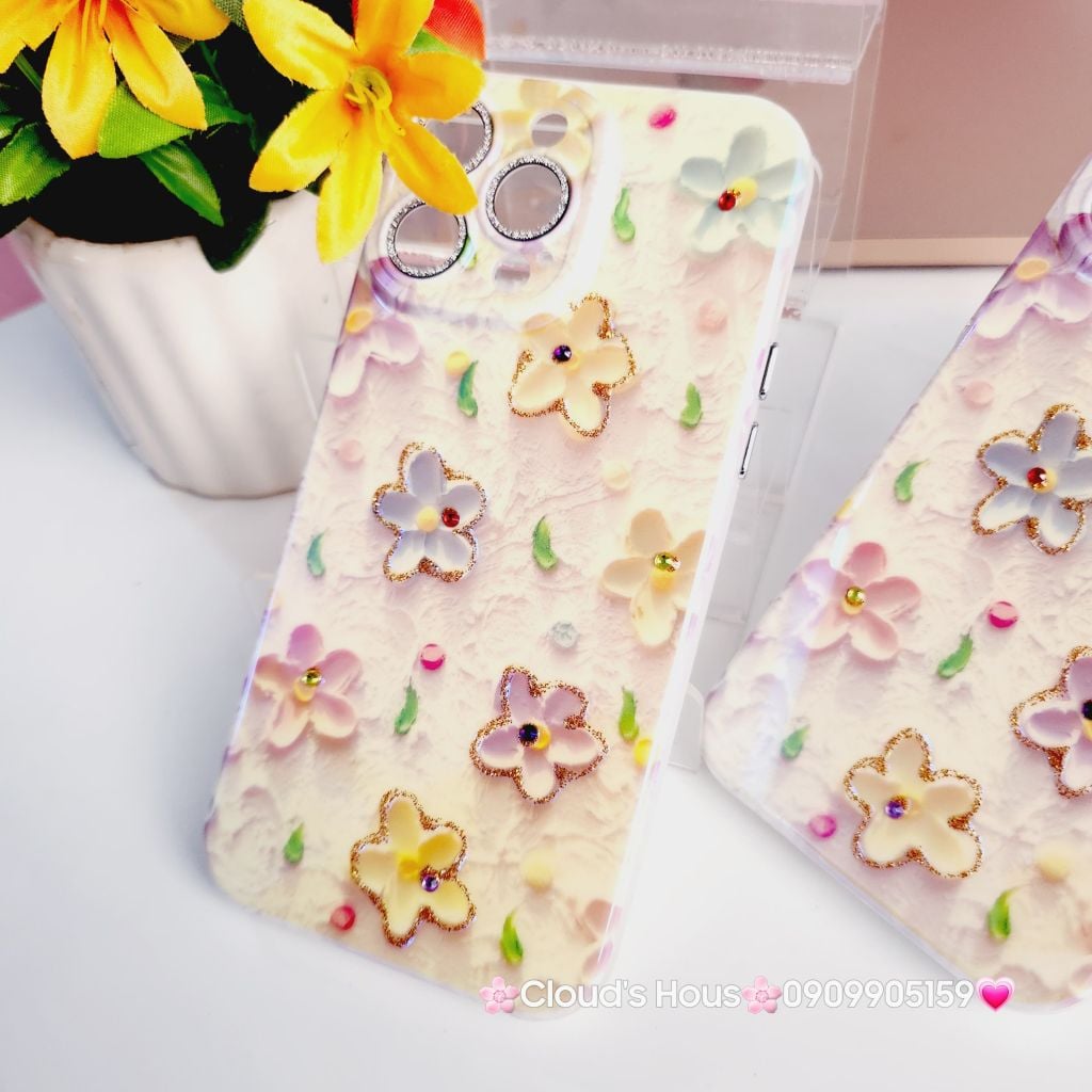 Case Ốp điện thoại iPhone Hoa Hologram nền vàng viền nhám bảo vệ cụm camera đính đá iPhone 11/12/13/14/15/Pro/Promax