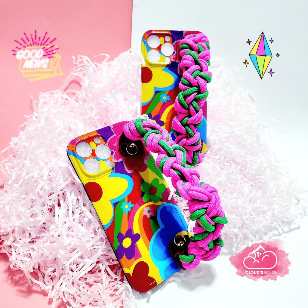 Case Ốp điện thoại iPhone Hoa sặc sỡ Dây tua rua Hồng Có dây đeo iPhone 11/12/13/14/Pro/Promax