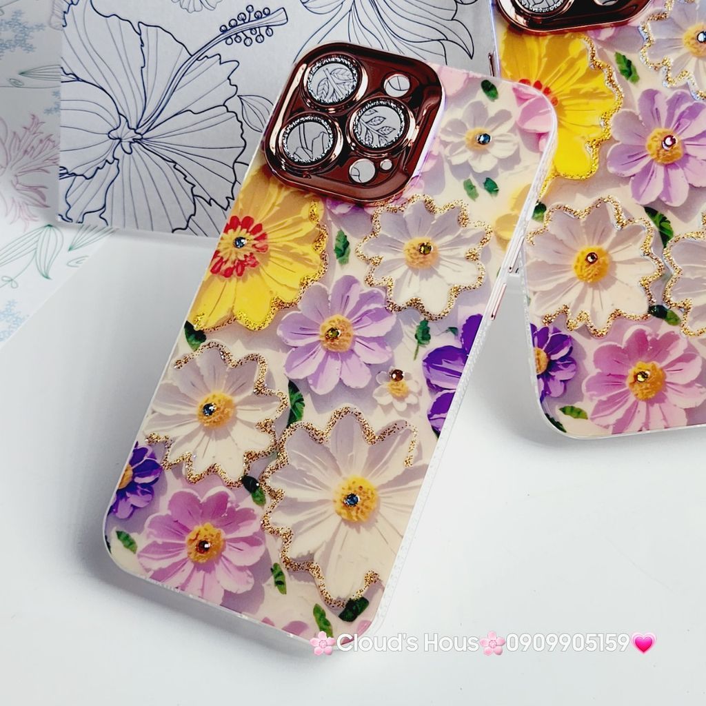 Case Ốp điện thoại iPhone Hoa Hologram nền trắng hoa ngũ sắc viền nhám bảo vệ cụm camera đính đá iPhone 11/12/13/14/15/Pro/Promax