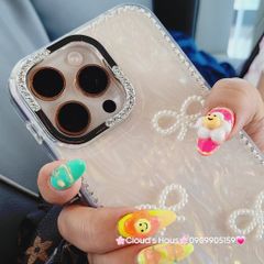 Case Ốp điện thoại iPhone Nơ Trắng Trong Ánh Xà Cừ Đính Đá Case iPhone 12/13/14/15/16/Pro/Promax
