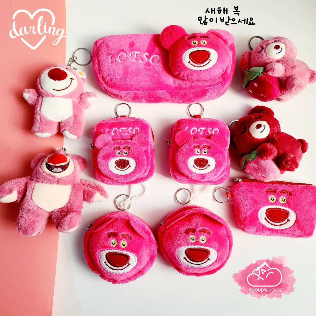 Bóp móc khoá Gấu dâu Lotso Vải bông nhung ( Tặng Kèm Tai Nghe)