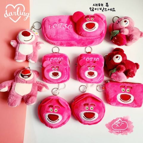 Bóp móc khoá Gấu dâu Lotso Vải bông nhung ( Tặng Kèm Tai Nghe)
