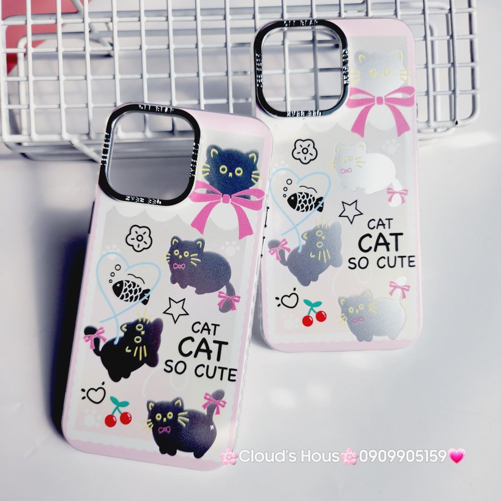 Case Ốp điện thoại iPhone Mèo Đen Hologram Nền Trắng Cat So Cute iPhone 11/12/13/14/15/Pro/Promax