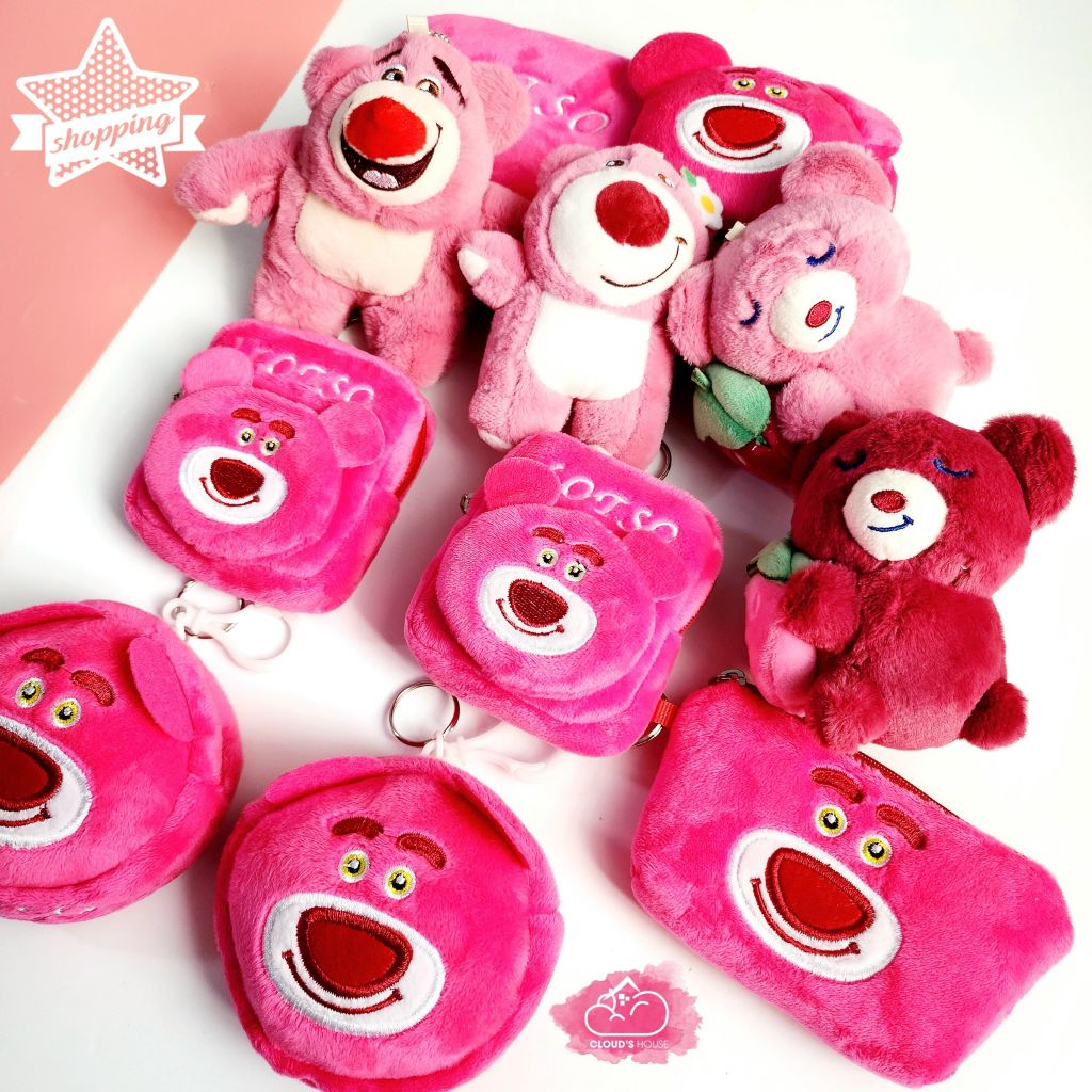 Bóp móc khoá Gấu dâu Lotso Vải bông nhung ( Tặng Kèm Tai Nghe)