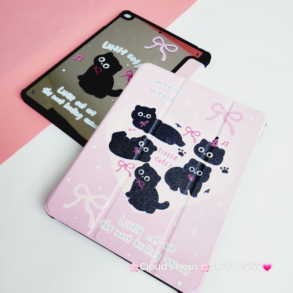 Case Ốp Bao da iPad Mèo Đen Nền Hồng Little Cats Lưng Gương iPad 9.7/10/10.2/10.5/10.9/11/12.9inch