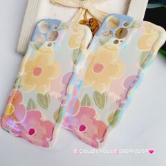 Case Ốp điện thoại iPhone Hoa Hologram Nền Xanh lá Viền Gợn Sóng iPhone 11/12/13/14/15/Pro/Promax