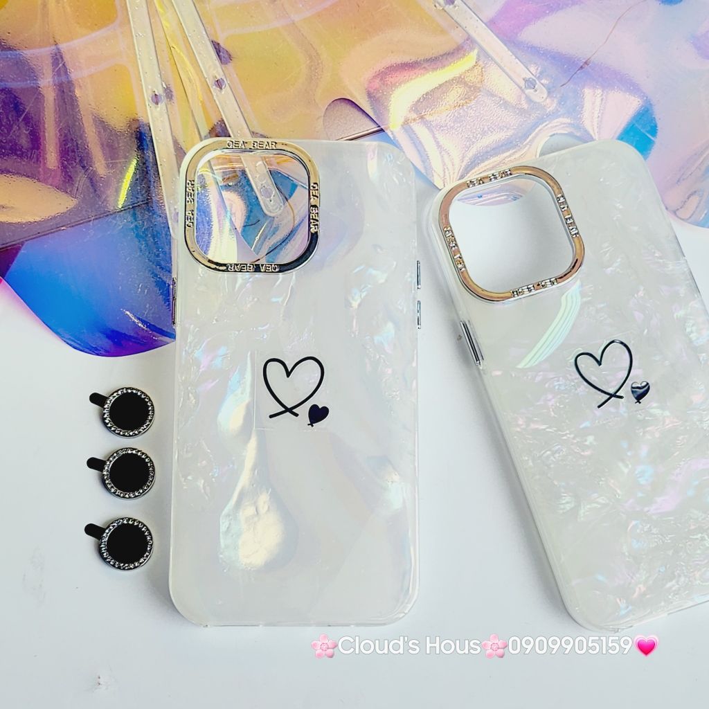 Case Ốp điện thoại iPhone Trái Tim Nền Trắng Ánh Xà Cừ kèm bảo vệ camera đính đá iPhone 11/12/13/14/15/Pro/Promax