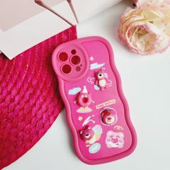 Case Ốp điện thoại iPhone Gấu dâu Lotso Nhám da Viền gợn sóng icon nổi iPhone 11/12/13/14/Pro/Promax