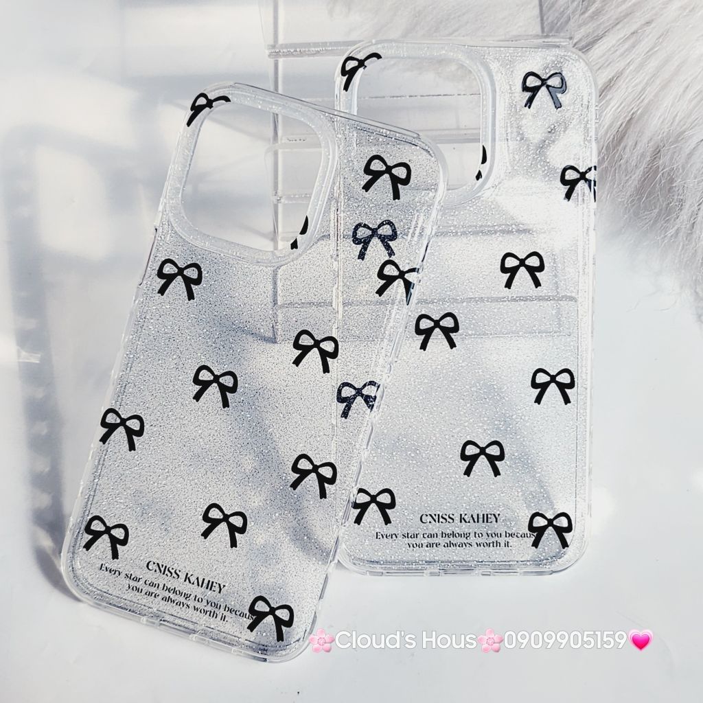 Case Ốp điện thoại iPhone Trong Bling Bling nơ đen đính đá lấp la lấp lánh iPhone 11/12/13/14/15/Pro/Promax