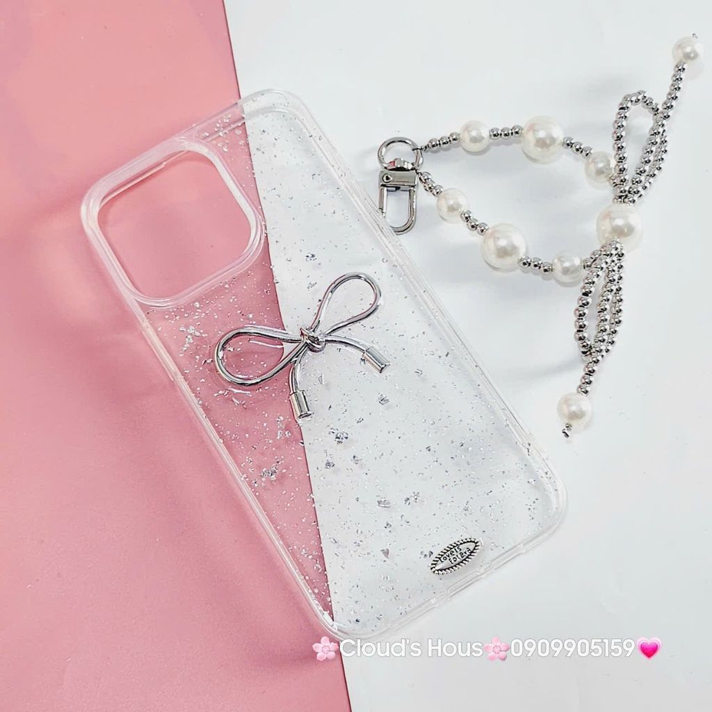 Case Ốp điện thoại iPhone Nơ Bạc Trong Bling Bling iPhone 12/13/14/15/Plus/Pro/Promax