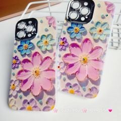 Case Ốp điện thoại iPhone Hoa To Hologram Nền Tím Viền Camera đính đá Classic iPhone 11/12/13/14/15/Pro/Plus/Promax