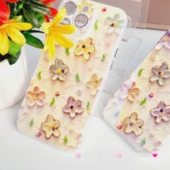 Case Ốp điện thoại iPhone Hoa Hologram nền vàng viền nhám bảo vệ cụm camera đính đá iPhone 11/12/13/14/15/Pro/Promax