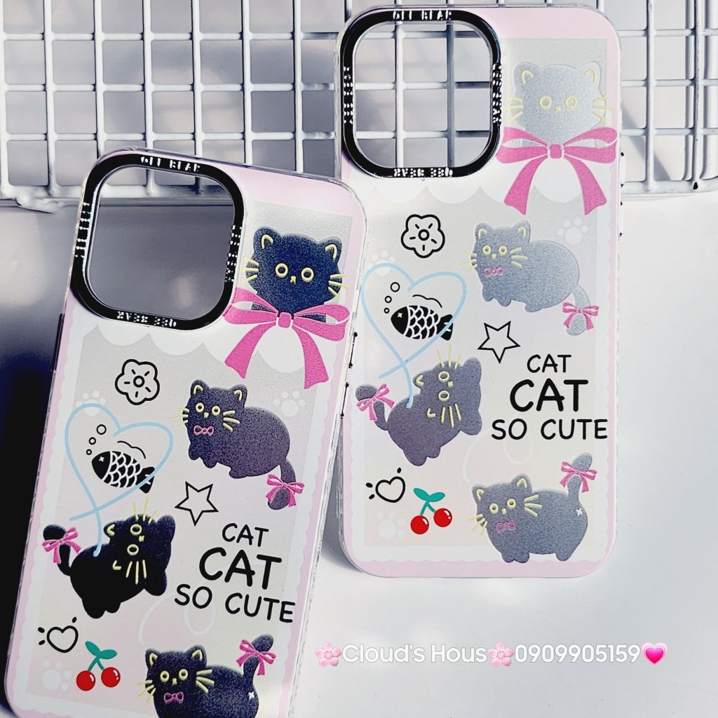 Case Ốp điện thoại iPhone Mèo Đen Hologram Nền Trắng Cat So Cute iPhone 11/12/13/14/15/Pro/Promax