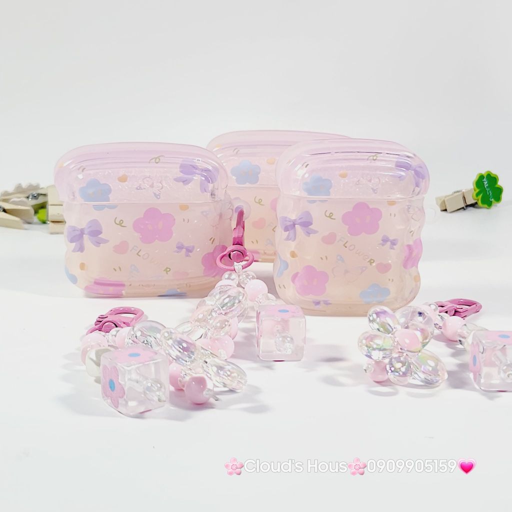 Cover Case Vỏ bảo vệ Airpod Hoa Tulip Trong Phao Gợn Sóng Kèm Charm Airpod 1/2/3/Pro/Pro2