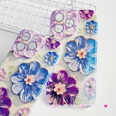 Case Ốp điện thoại iPhone Hoa Hologram nền xanh lá viền nhám bảo vệ cụm camera đính đá iPhone 11/12/13/14/15/Pro/Promax