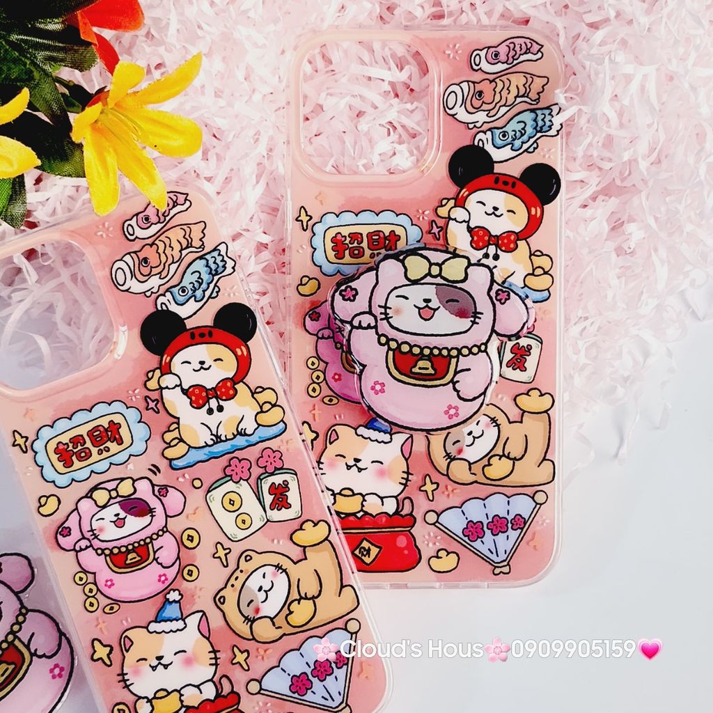 Case Ốp điện thoại iPhone Mèo May Mắn Thần Tài Túi Tiền Kèm Popsocket dán iPhone 11/12/13/14/15/Pro/Promax