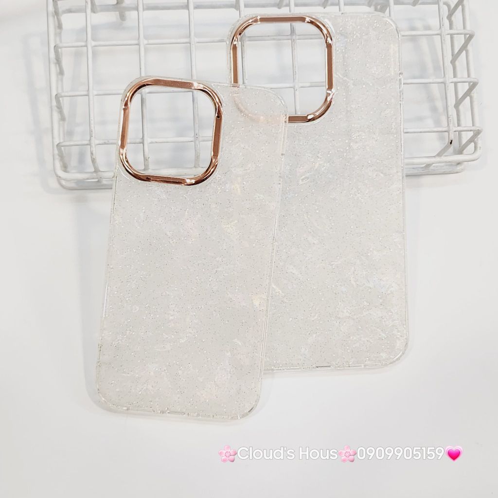Case Ốp điện thoại iPhone Nền Trắng Ánh Xà Cừ Bling Bling Camera viền vàng Siêu Sang iPhone 12/13/14/15/16/Pro/Promax