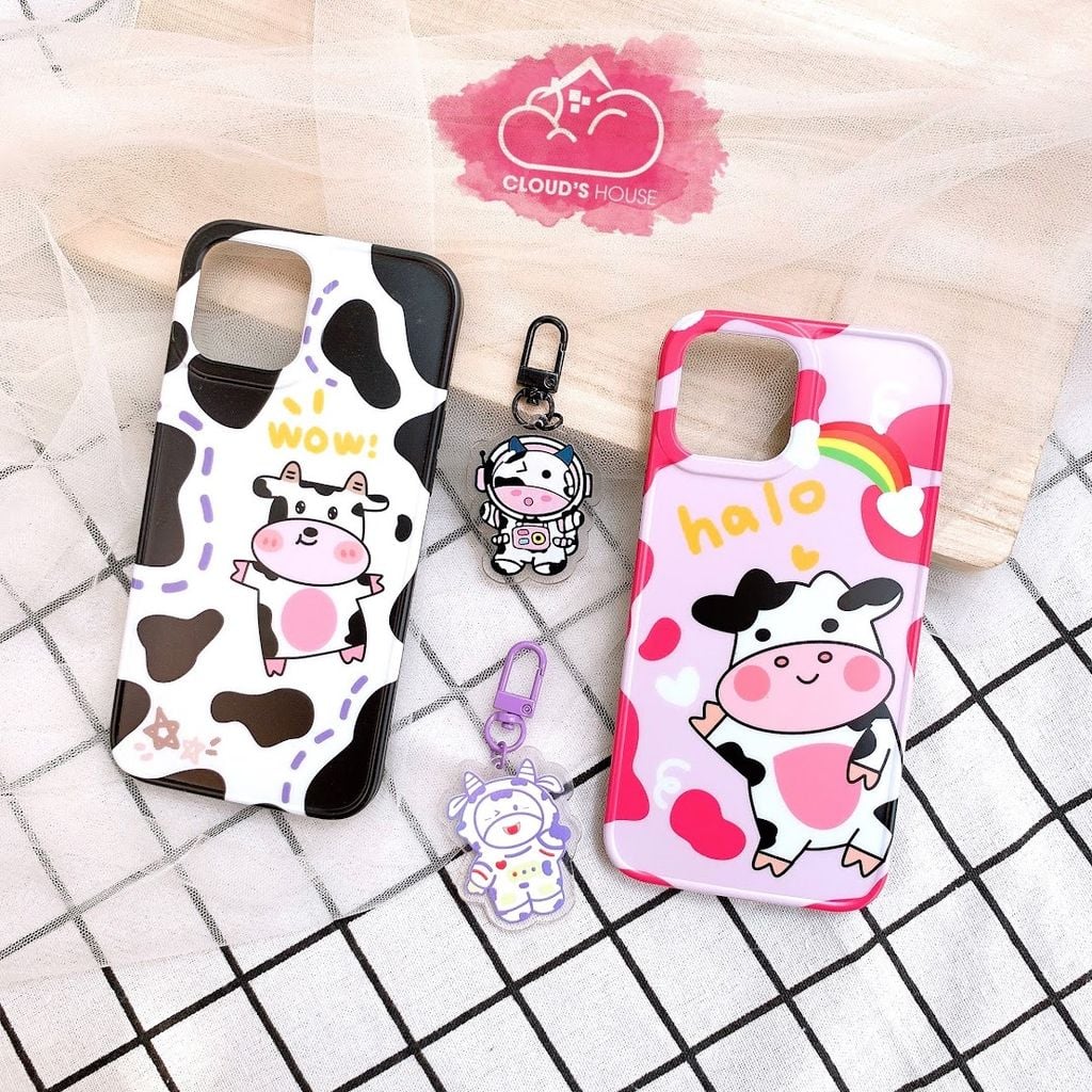 CASE IPHONE NHÁM BÓNG HOẠ TIẾT BÒ SỮA Trăng - Hồng