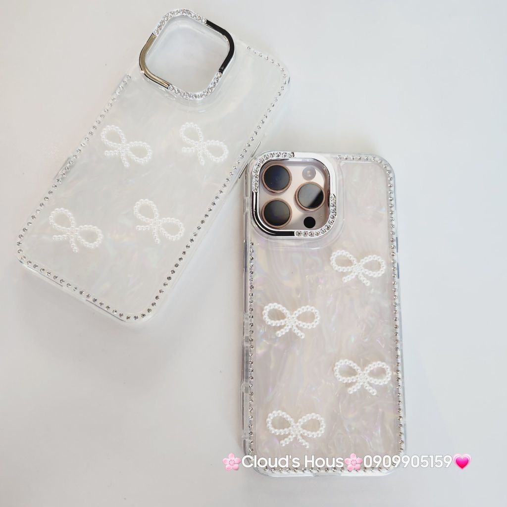 Case Ốp điện thoại iPhone Nơ Trắng Trong Ánh Xà Cừ Đính Đá Case iPhone 12/13/14/15/16/Pro/Promax