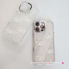 Case Ốp điện thoại iPhone Nơ Trắng Trong Ánh Xà Cừ Đính Đá Case iPhone 12/13/14/15/16/Pro/Promax