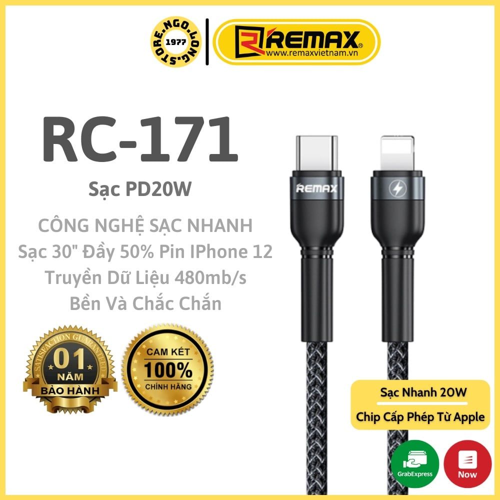 Cáp Sạc Nhanh Remax RC-171 20W 1M TypeC to Lightning