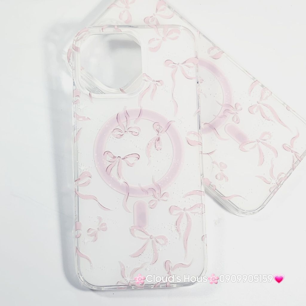 Case Ốp điện thoại iPhone Magsafe Nền Trắng Nơ Hồng PopSocket iPhone 12/13/14/15/16/Pro/Promax