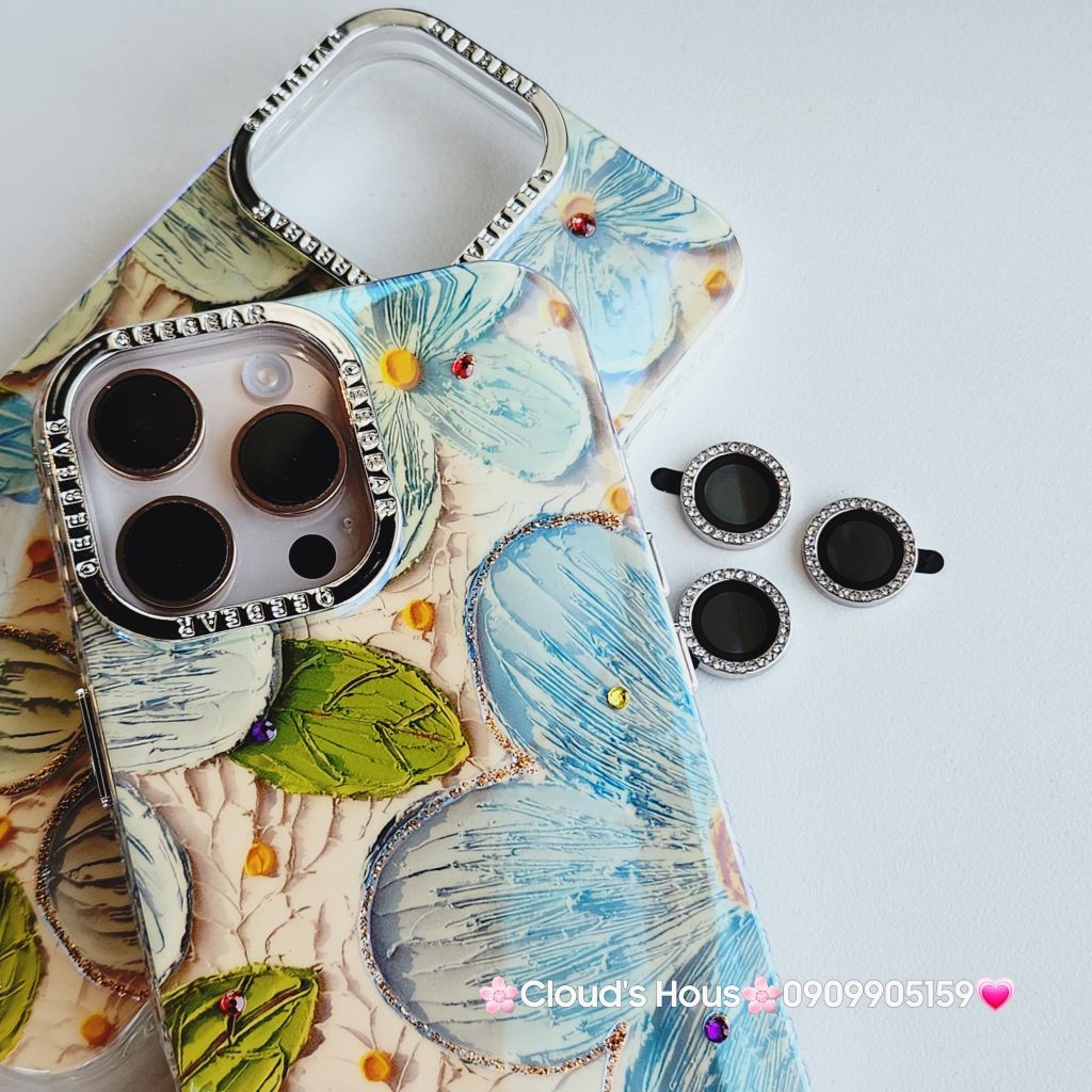 Case Ốp điện thoại iPhone Hoa Xanh To Hologram Nền Vàng iPhone 12/13/14/15/16Pro/Promax