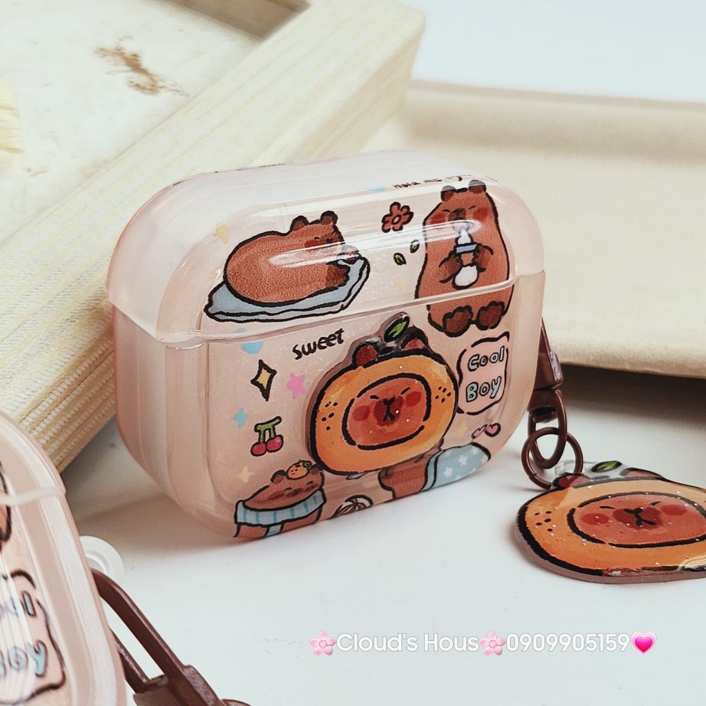 Cover Case Vỏ bảo vệ Airpod Chuột Capybara 3D Nổi Bóng kèm charm Airpod 1/2/3/Pro/Pro2