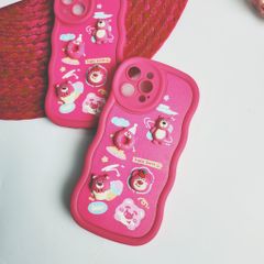 Case Ốp điện thoại iPhone Gấu dâu Lotso Nhám da Viền gợn sóng icon nổi iPhone 11/12/13/14/Pro/Promax