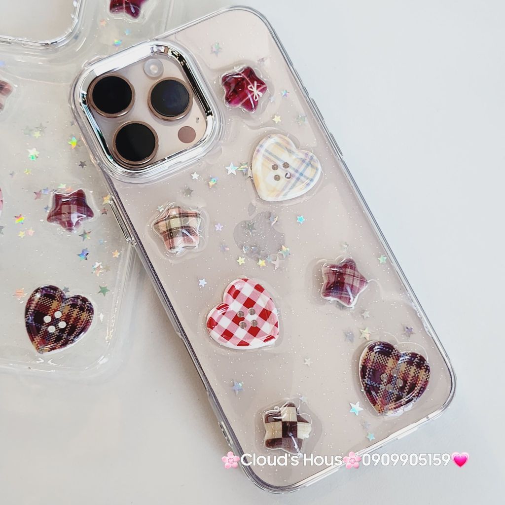 Case Ốp điện thoại iPhone Trong Icon Nổi Trái Tim Ngôi Sao Bling Bling Case iPhone 12/13/14/15/16/Pro/Promax