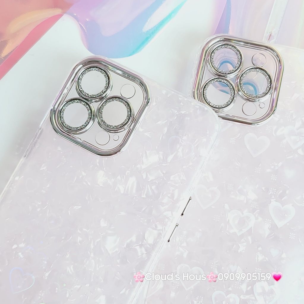 Case Ốp điện thoại iPhone Tim Hồng Ánh Xà Cừ Đính đá bảo vệ camera iPhone 11/12/13/14/15/Pro/Promax