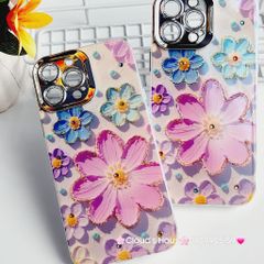 Case Ốp điện thoại iPhone Hoa To Hologram Nền Tím Viền Camera đính đá Classic iPhone 11/12/13/14/15/Pro/Plus/Promax