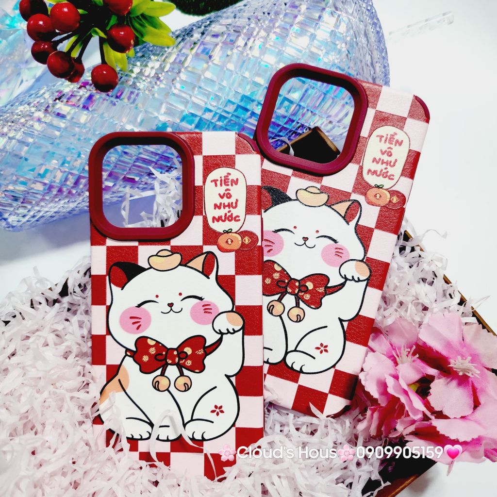 Case Ốp điện thoại iPhone Mèo may mắn nhám da Tiền vô như nước iPhone 11/12/13/14/15/Pro/Promax