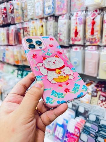 Case Ốp điện thoại iPhone MÈO MAY MẮN ẩn kim tuyến Hồng iPhone 11/12/13/14/15/16/Pro/Promax TẾT
