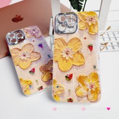 Case Ốp điện thoại iPhone HOA Nền Vàng Hologram Bảo vệ Camera Đính Đá iPhone 11/12/13/14/15/Pro/Promax
