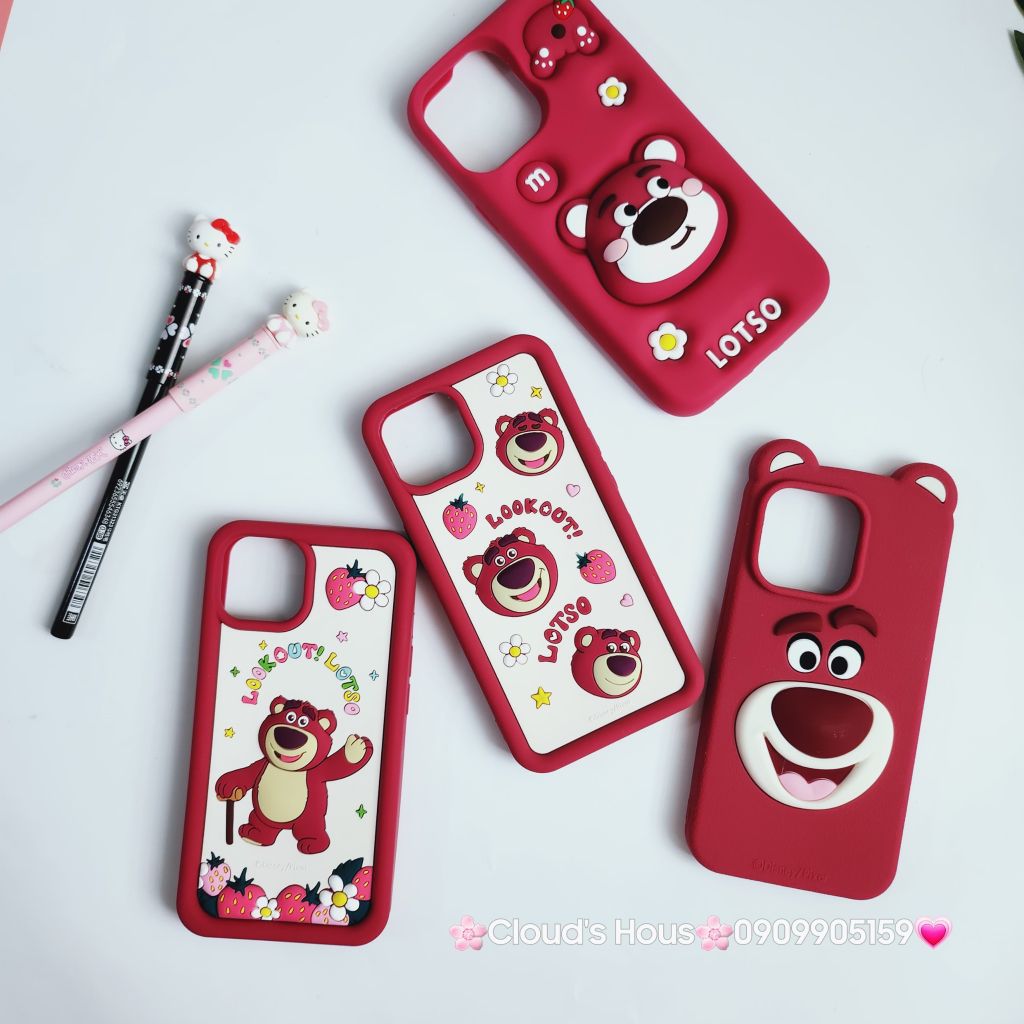 Case Ốp điện thoại iPhone Gấu dâu Lotso Su dẻo nền trắng Chính hãng Disney iPhone 12/13/14/15/Plus/Pro/Promax