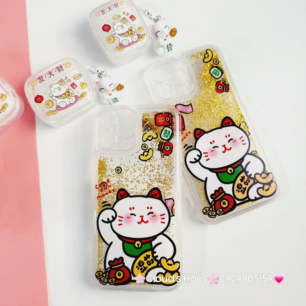 Case Ốp điện thoại iPhone Mèo May Mắn Nước Bling Bling iPhone 11/12/13/14/15/Pro/Promax - TẾT